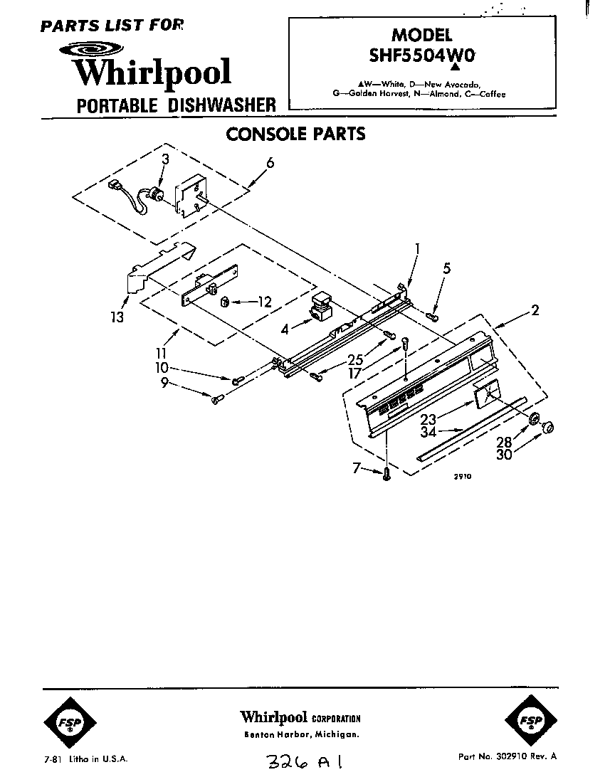 Whirlpool SHF5504W0 console diagram