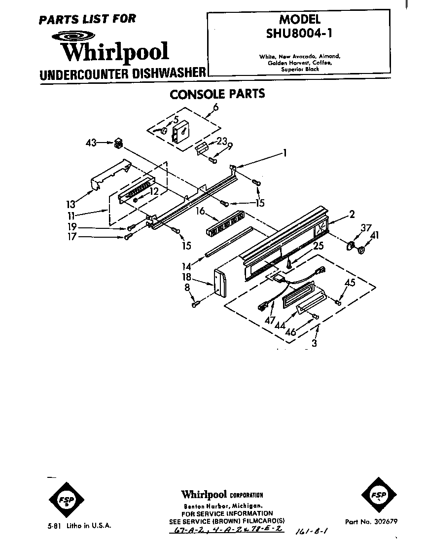 Whirlpool SHU80041 console diagram
