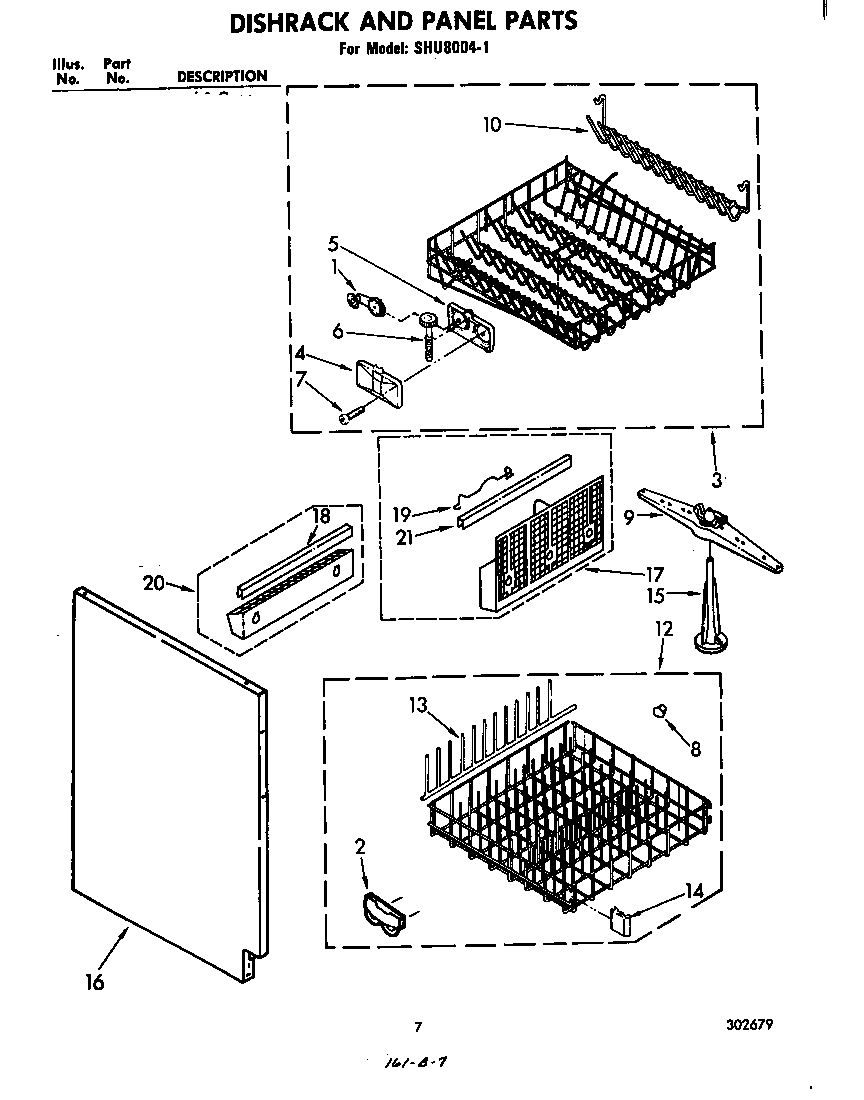 Whirlpool SHU80041 dishrack and panel diagram