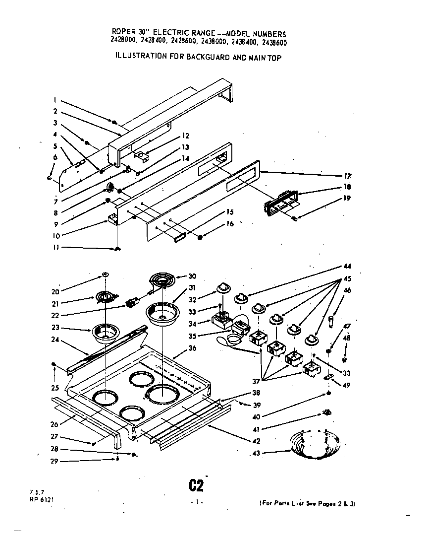 Roper 2438000 backguard and main top diagram