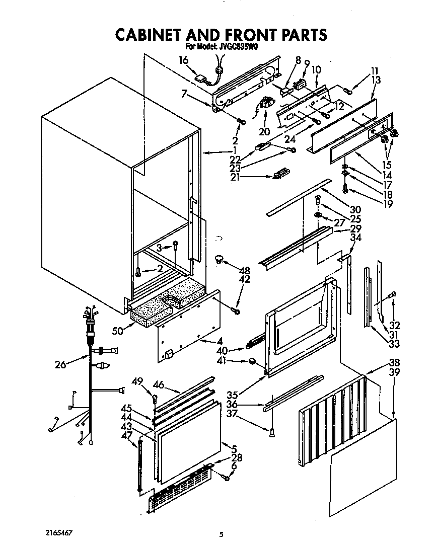 Whirlpool JVGC535W0 cabinet and front diagram