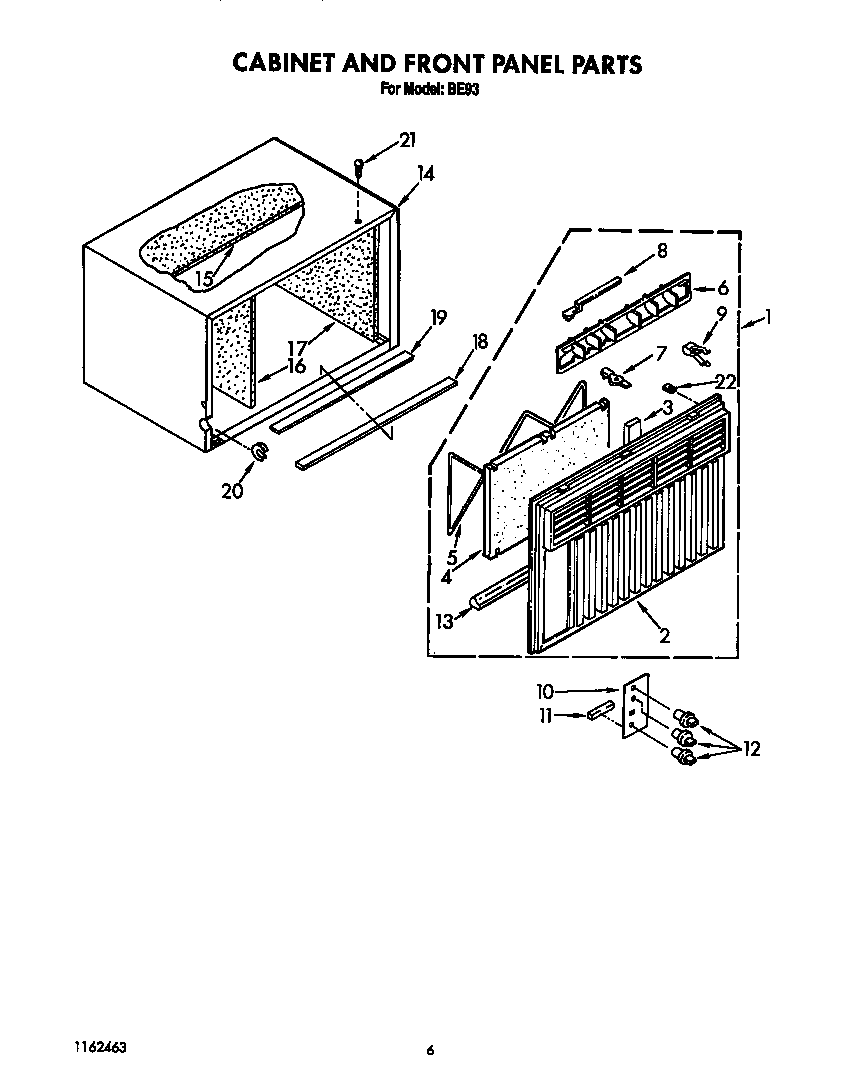 Whirlpool BE93 cabinet and front panel diagram