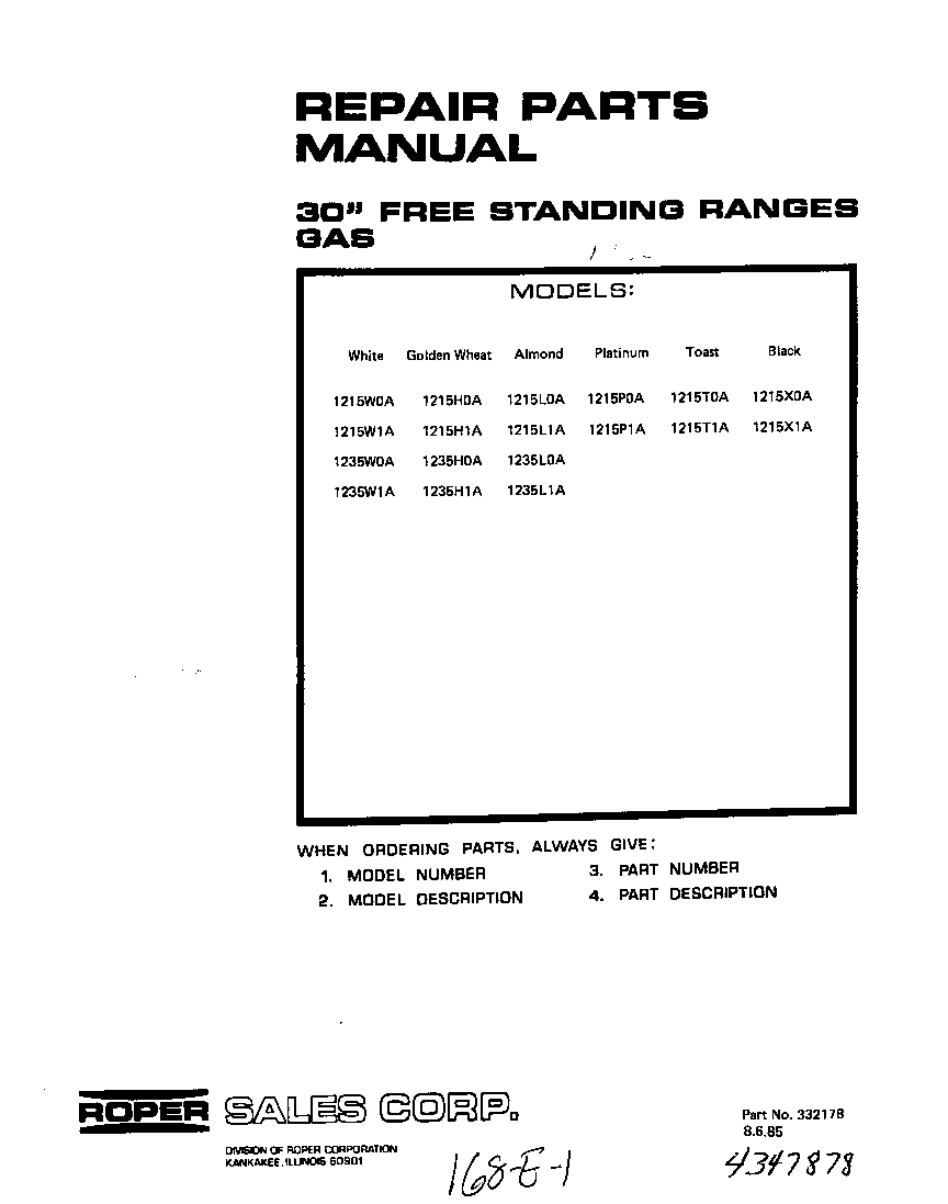 Roper 1235W0A front cover diagram