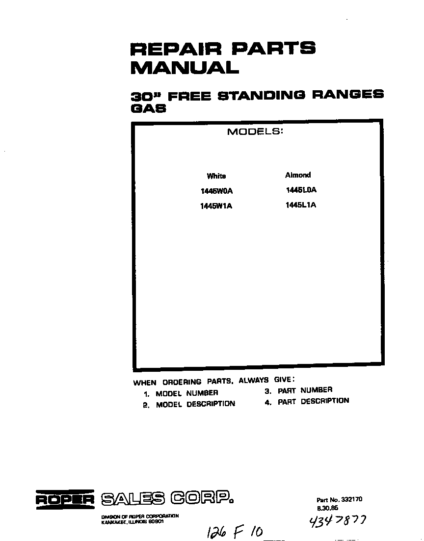 Roper 1445W0A cover page-text only diagram