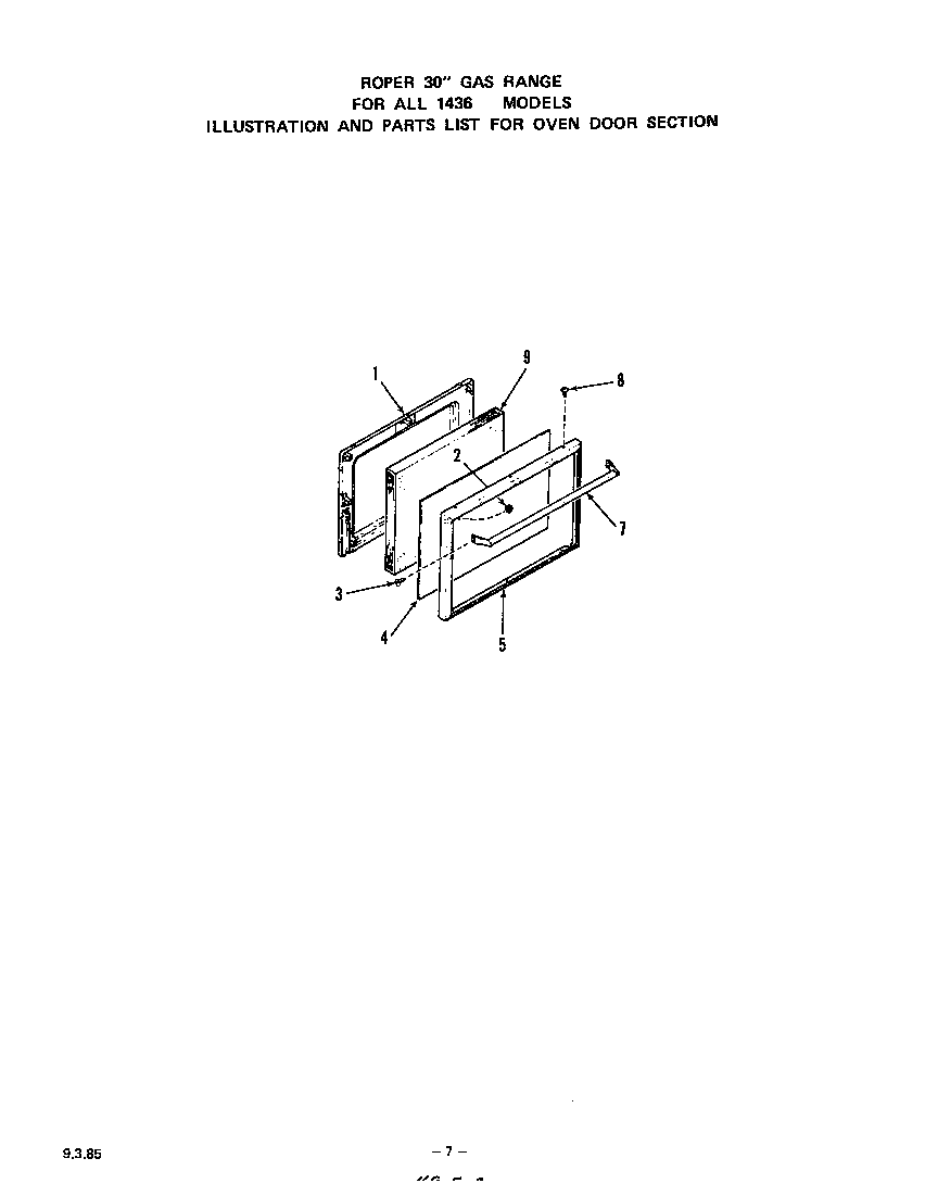 Roper 1436*0A oven door diagram