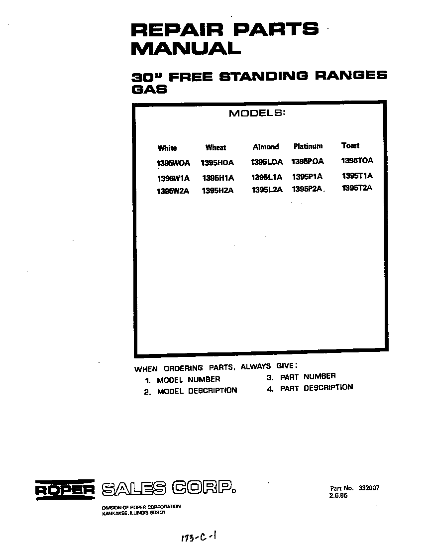 Roper 1395W2A cover page-text only diagram