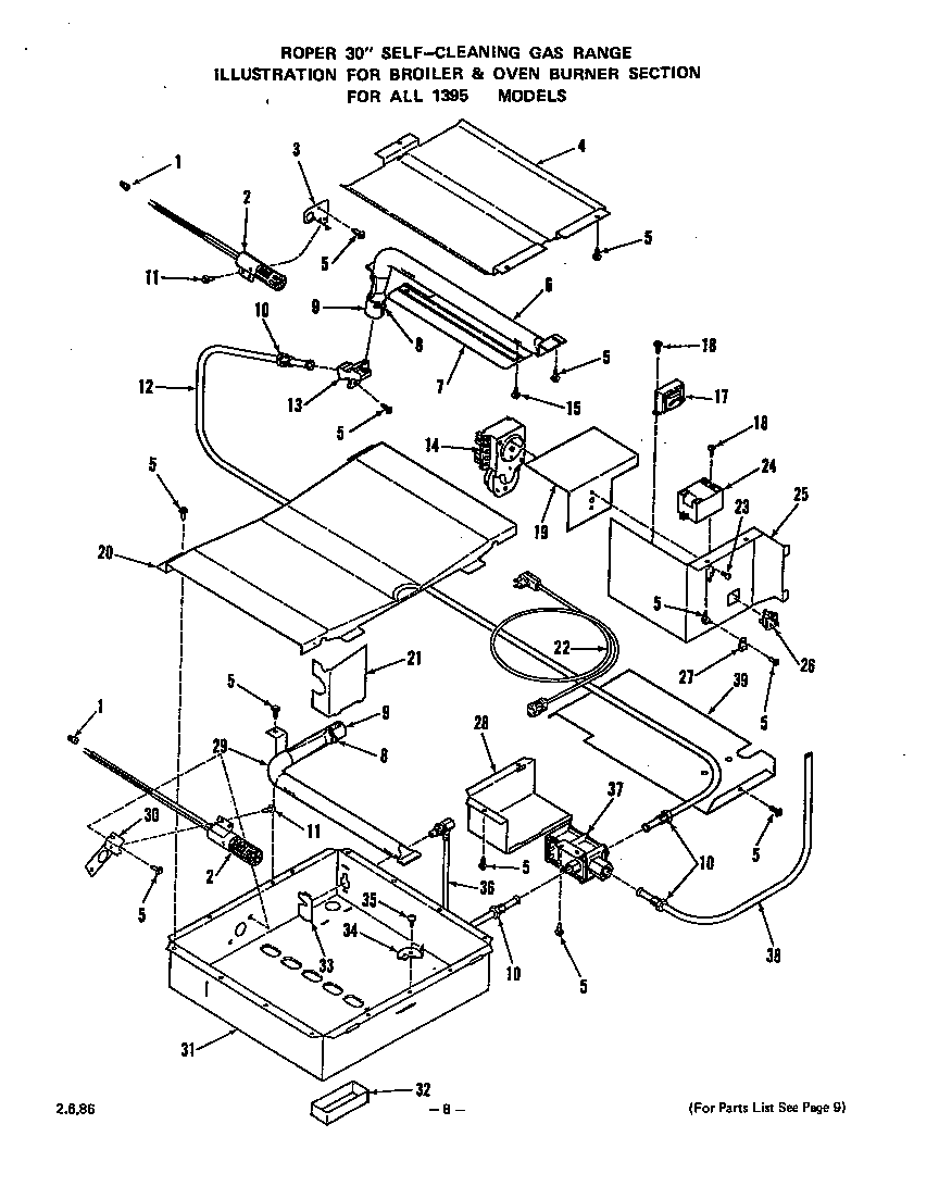 Roper 1395W2A broiler and oven burner diagram