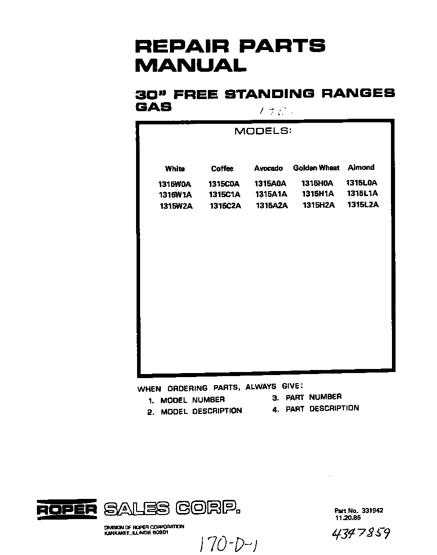 Roper 1315W2A front cover diagram