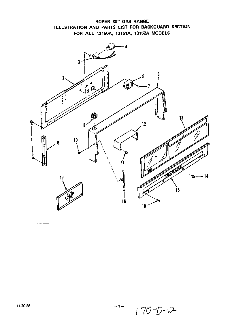 Roper 1315W2A backguard diagram