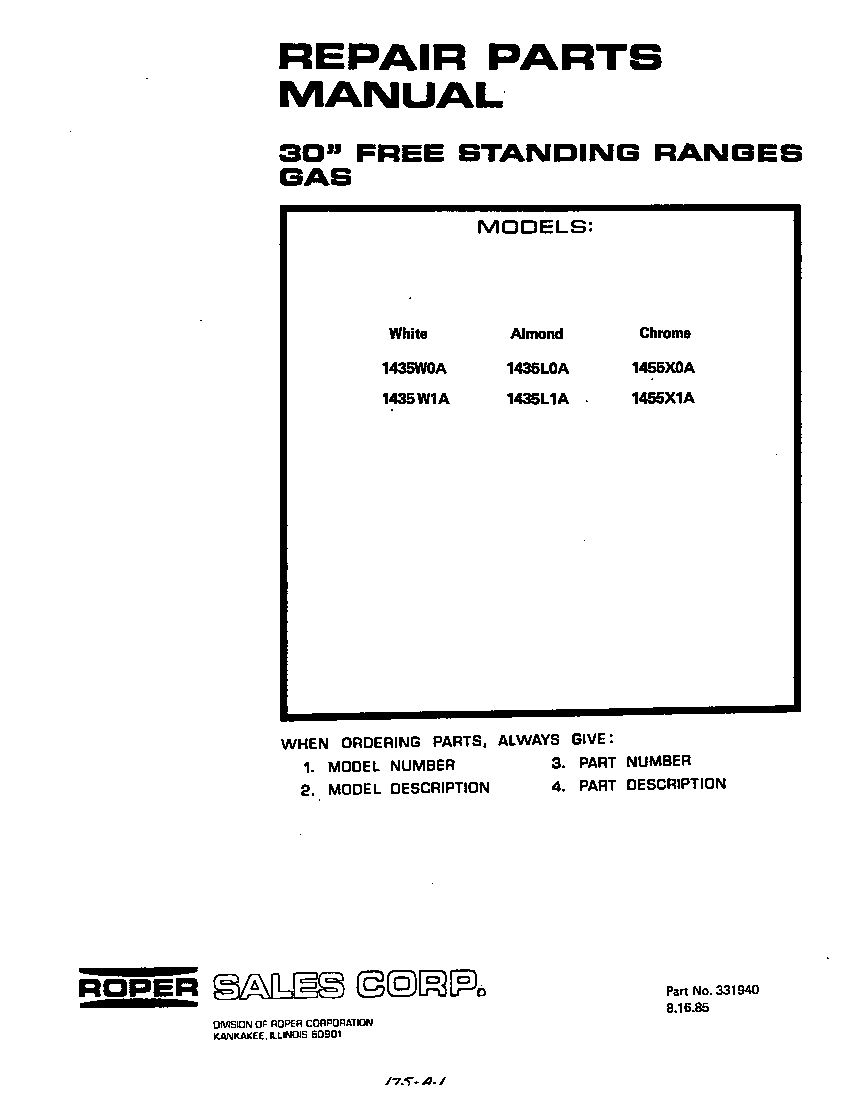 Roper 1435W0A cover page-text only diagram