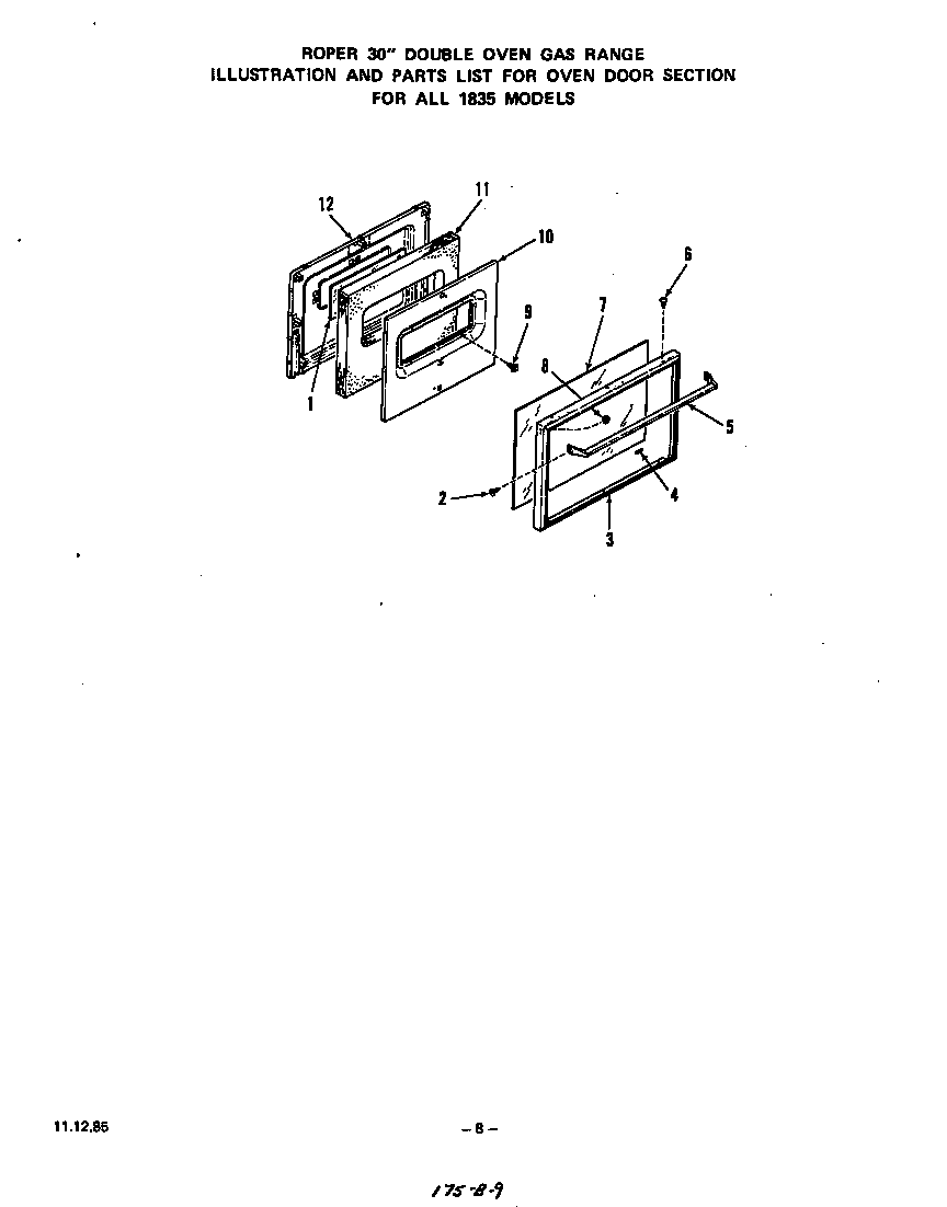 Roper 1835*2A oven door diagram