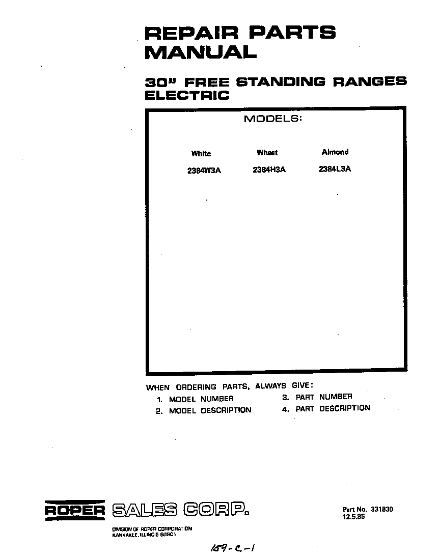 Roper 2384W3A front cover diagram