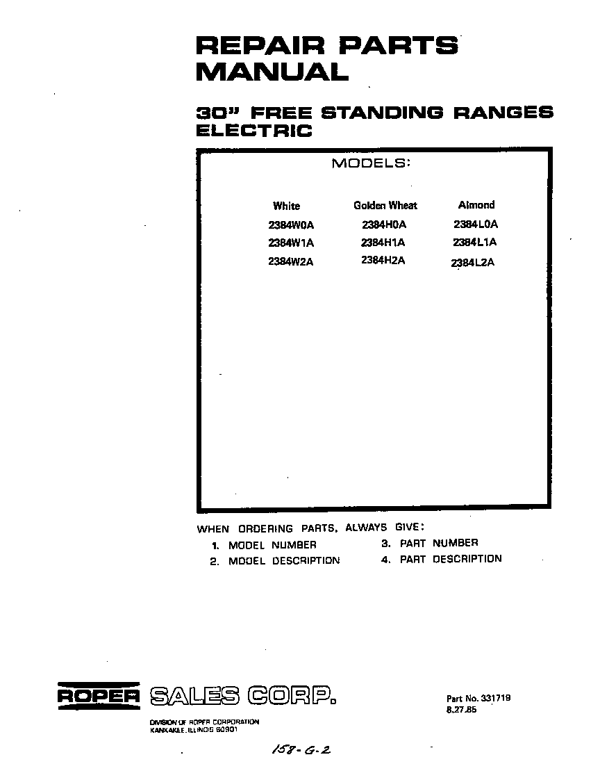 Roper 2384W0A front cover diagram