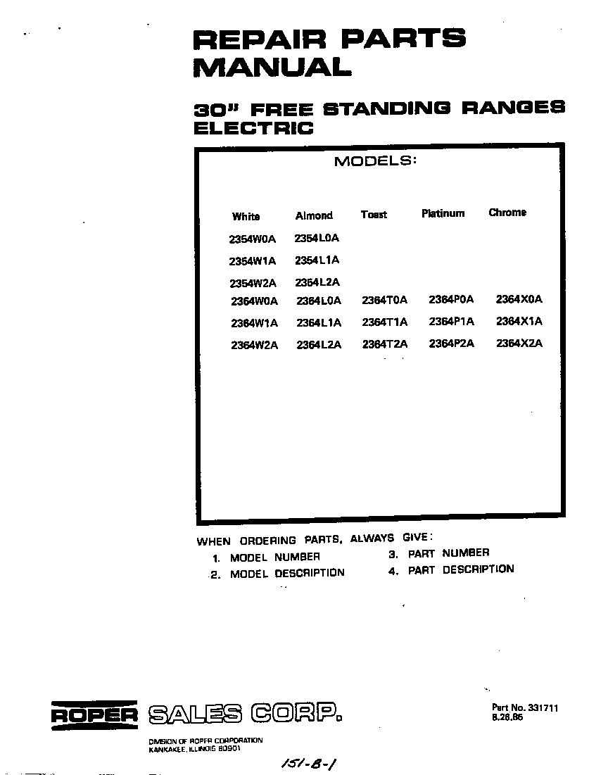 Roper 2364W1A front cover diagram