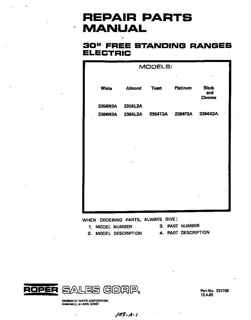 Roper 2354W3A front cover diagram