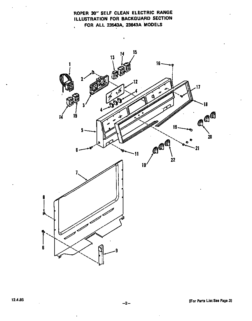 Roper 2354W3A backguard diagram