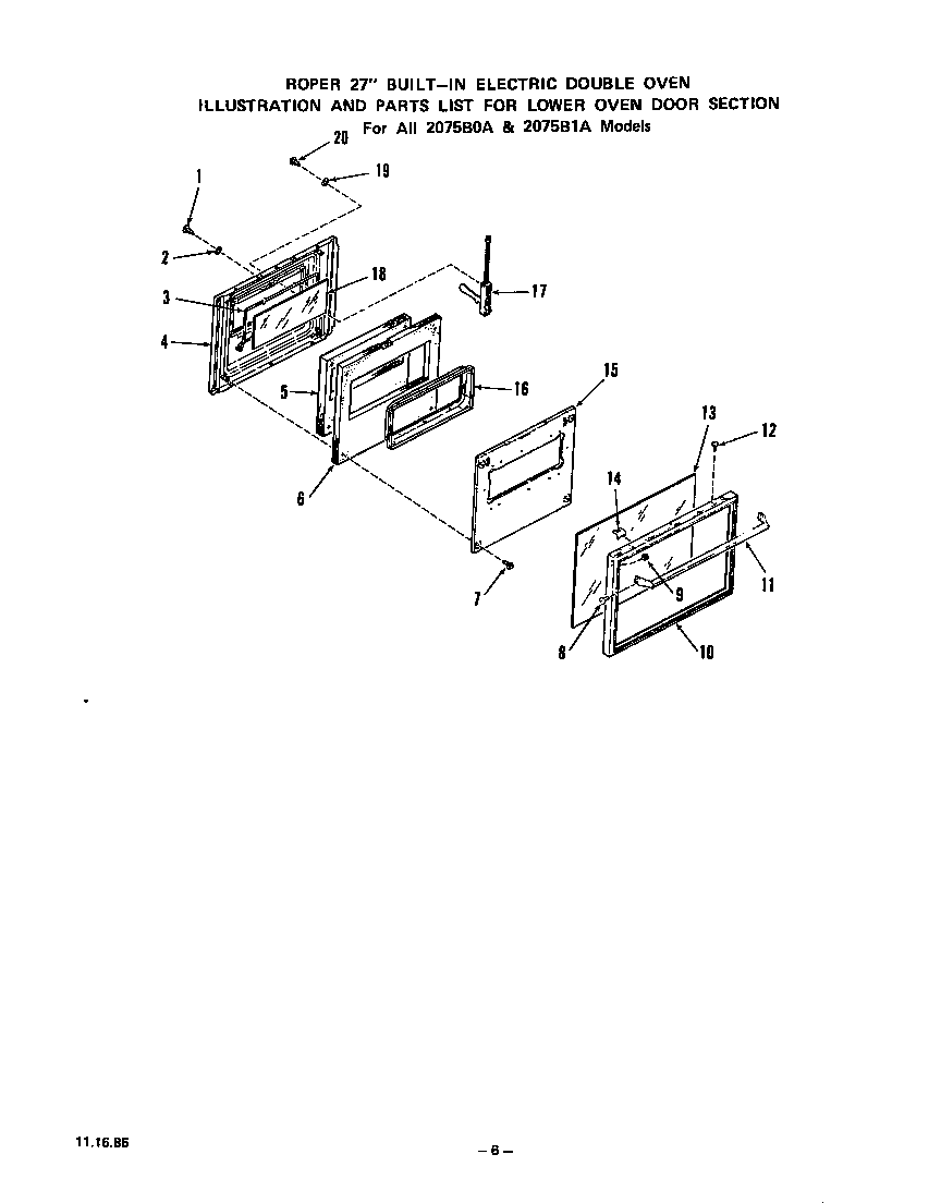 Roper 2075B1A lower oven door diagram