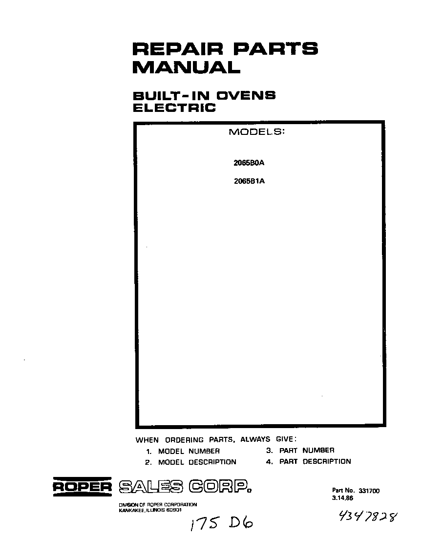 Roper 2065B0A front cover diagram