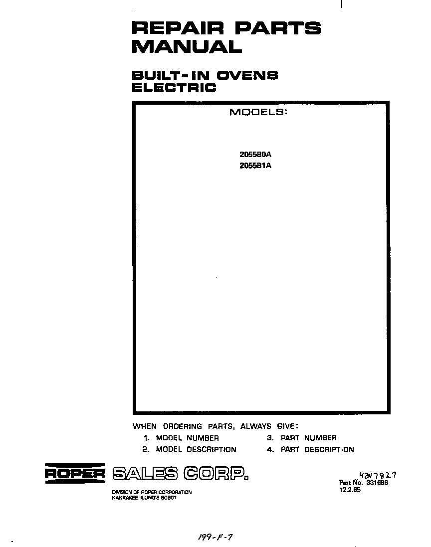 Roper 2055B1A front cover diagram