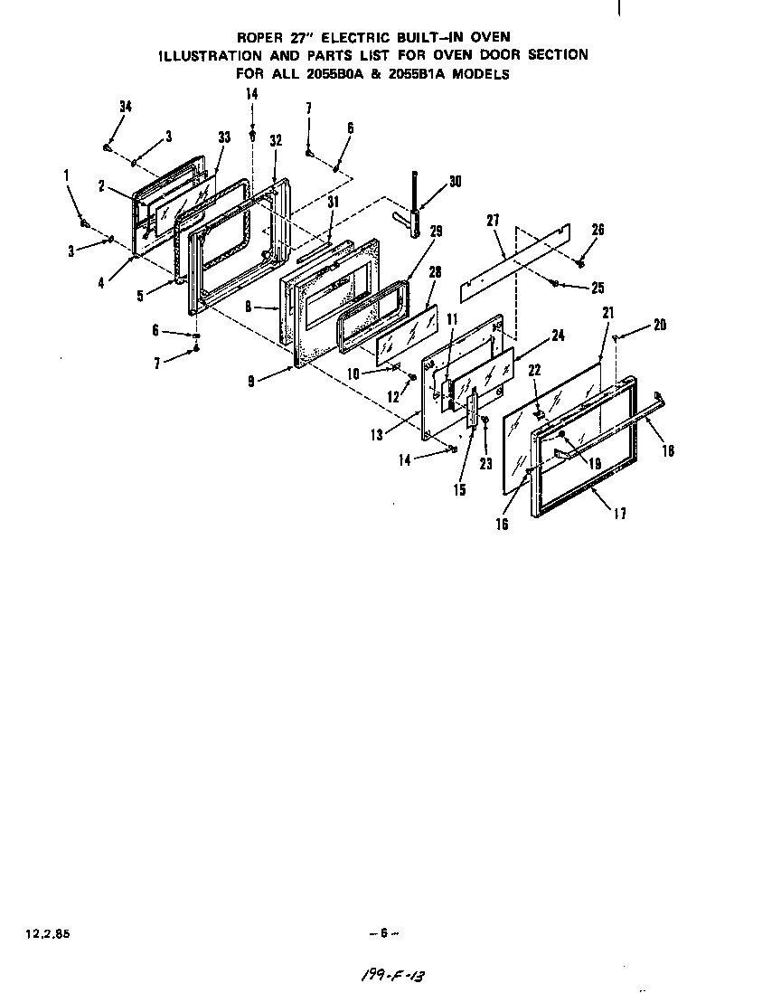 Roper 2055B1A oven door diagram