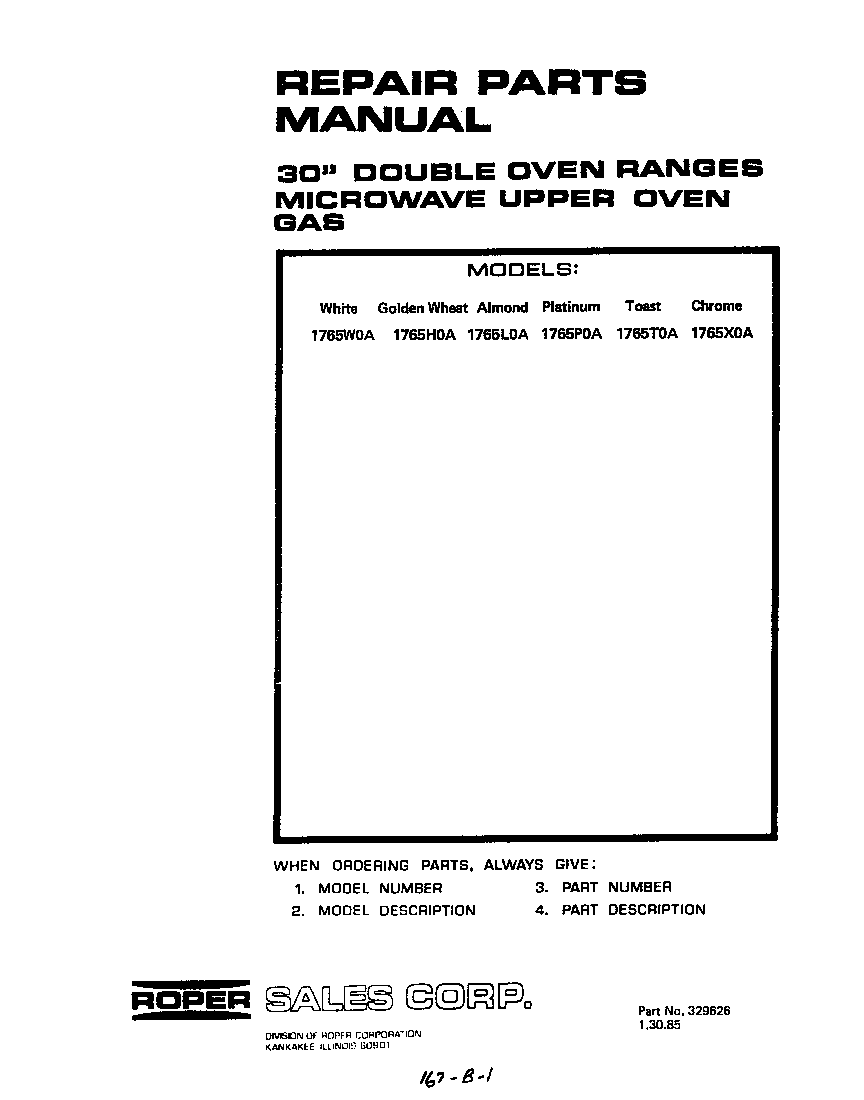 Roper 1765W0A cover page-text only diagram
