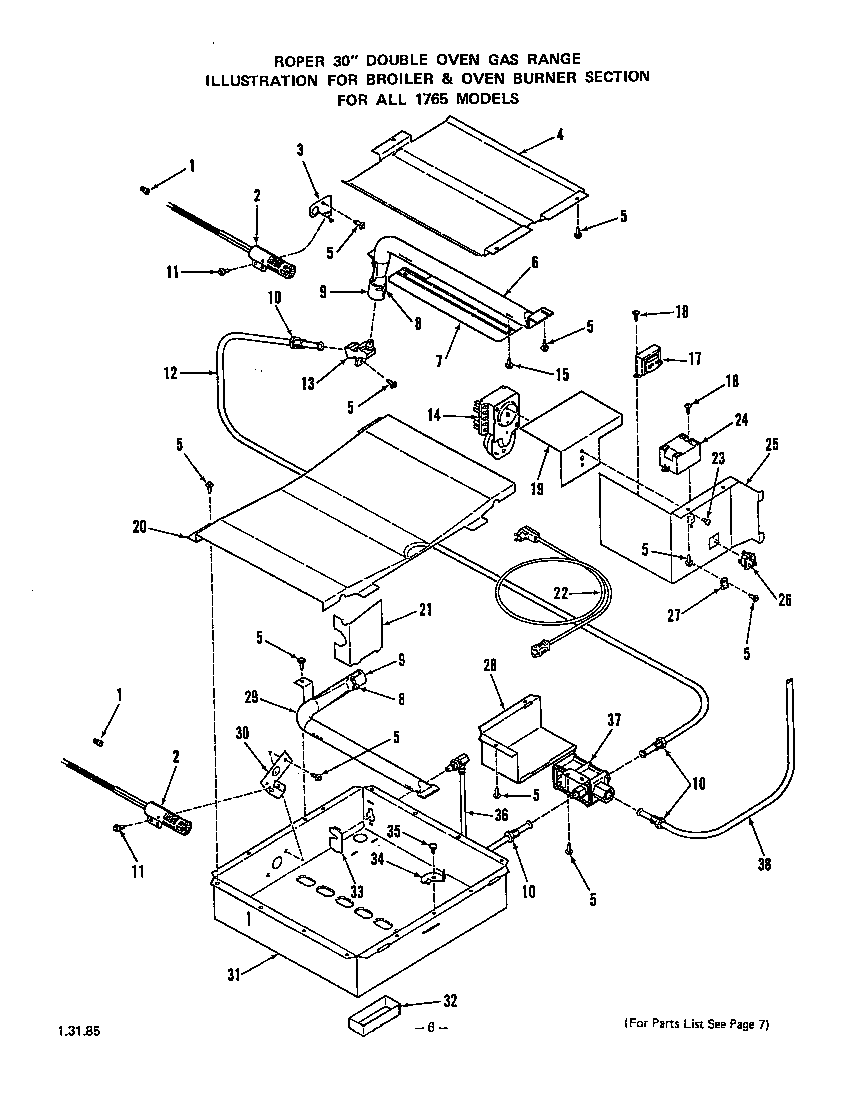 Roper 1765W0A broiler and oven burner diagram