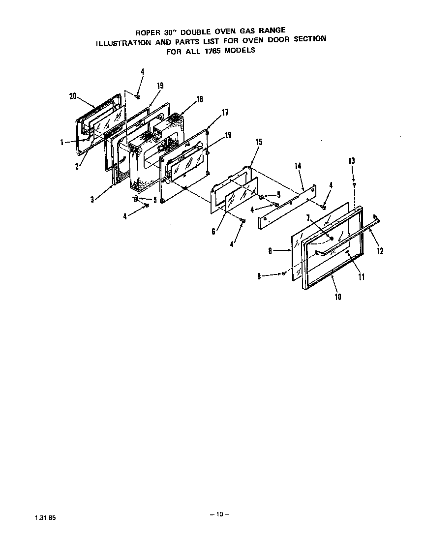 Roper 1765W0A oven door diagram