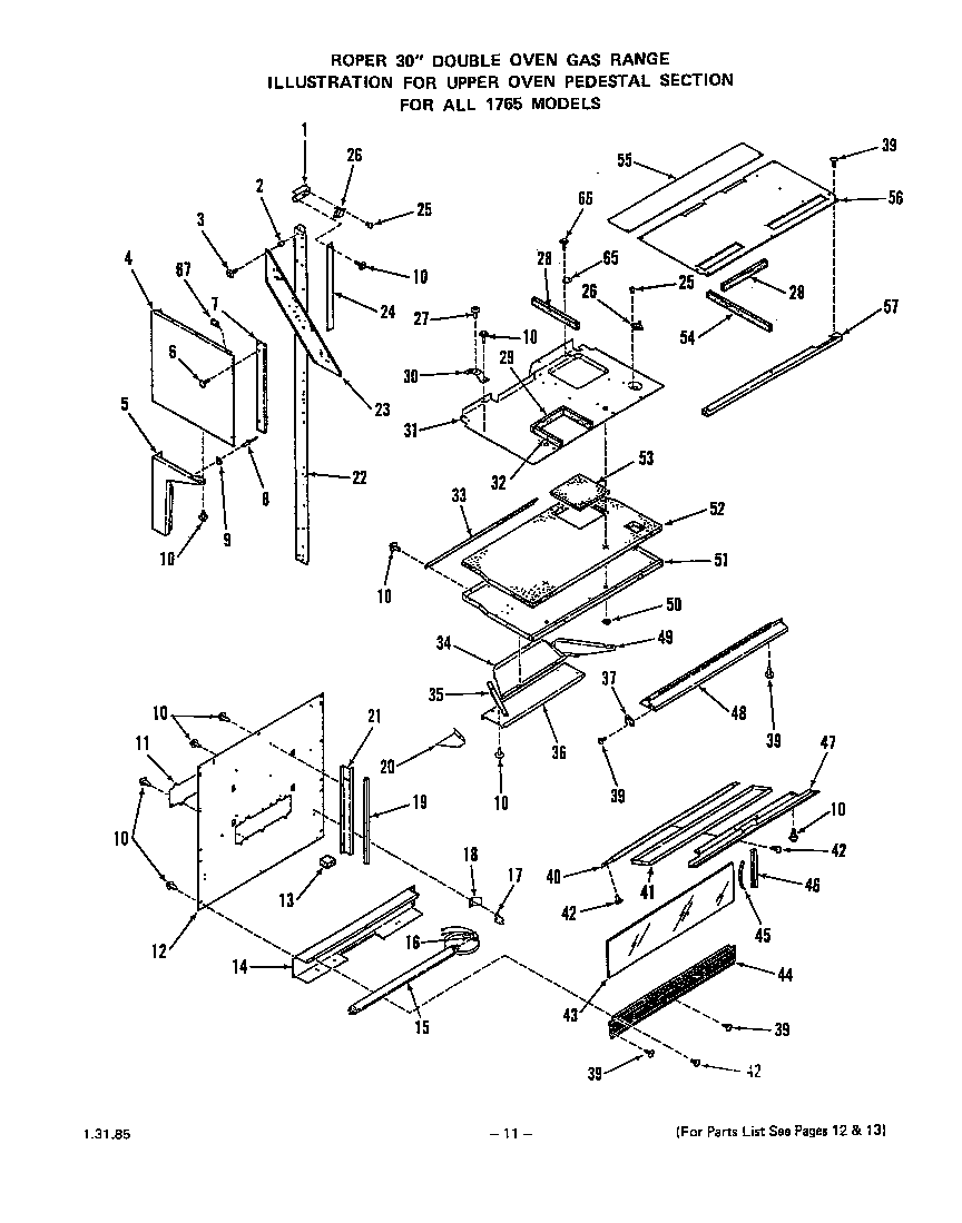 Roper 1765W0A upper oven pedestal diagram