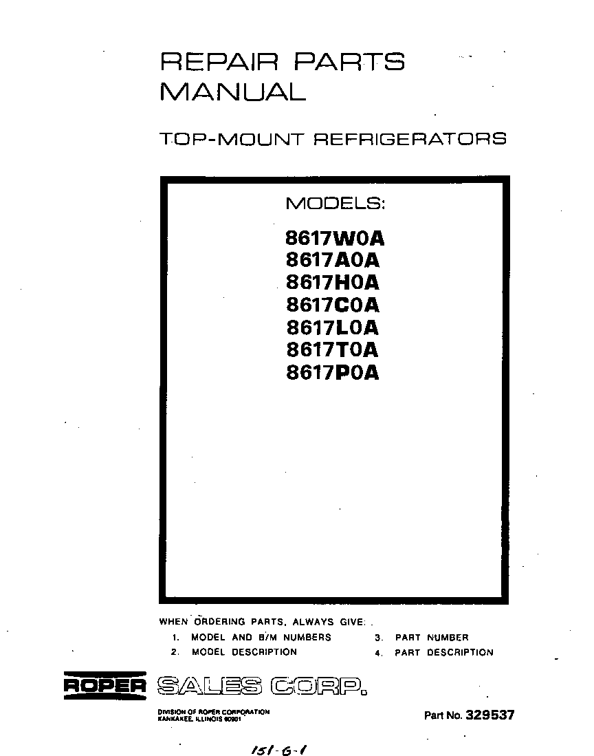 Roper 8617W0A front cover diagram