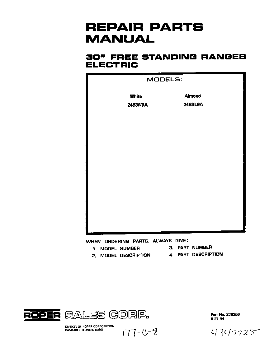 Roper 2453W9A front cover diagram