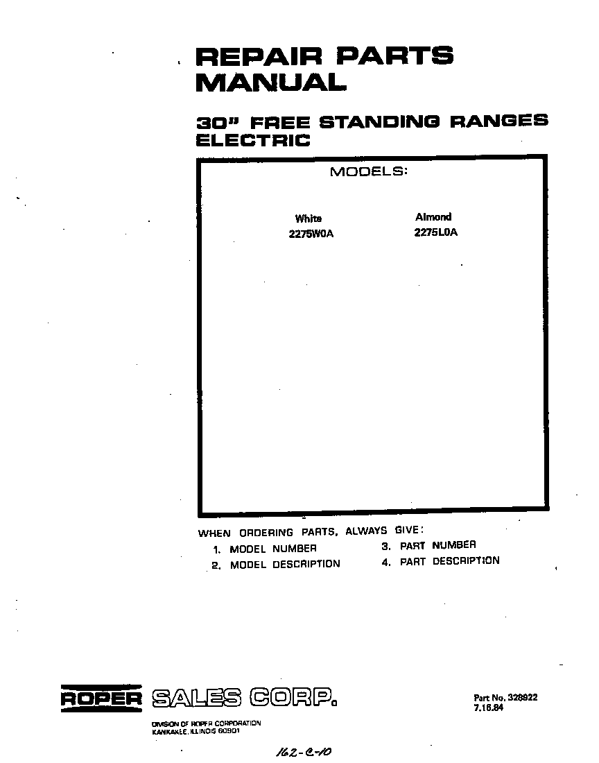 Roper 2275*0A front cover diagram