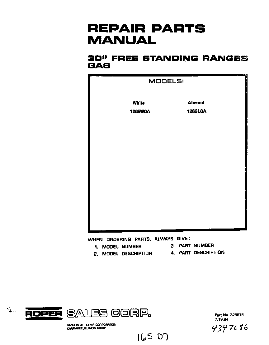 Roper 1265W0A front cover diagram