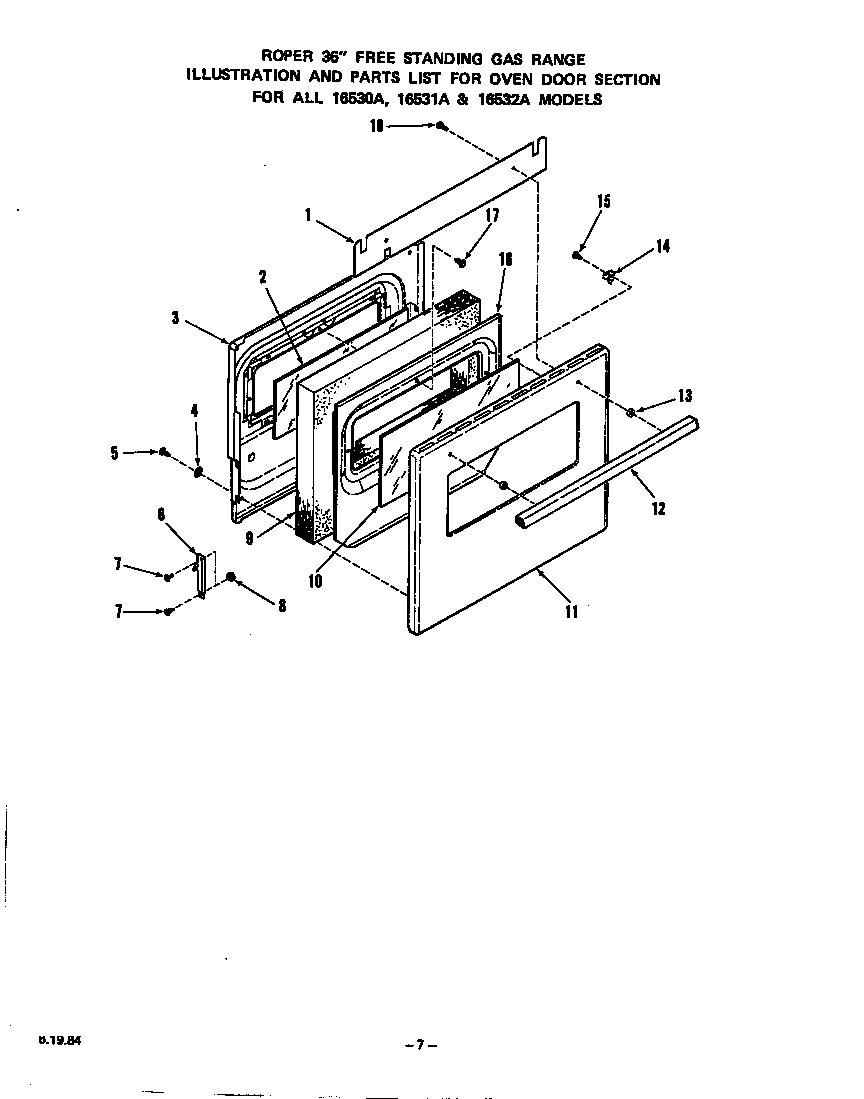 Roper 1653*0A oven door diagram