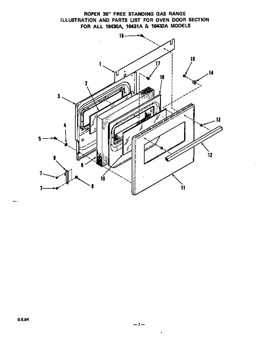 Roper 1643*0A oven door diagram