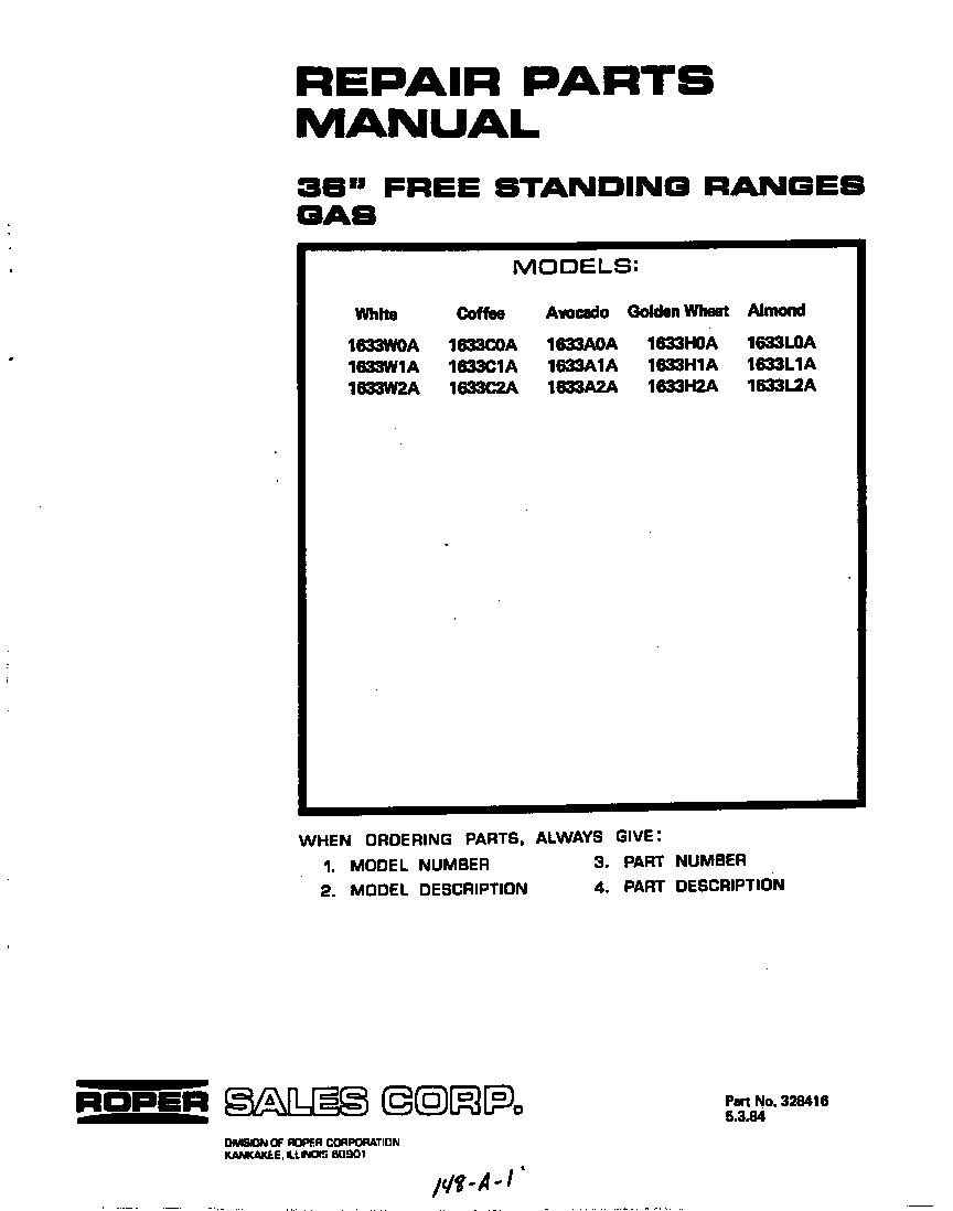 Roper 1633W2A front cover diagram