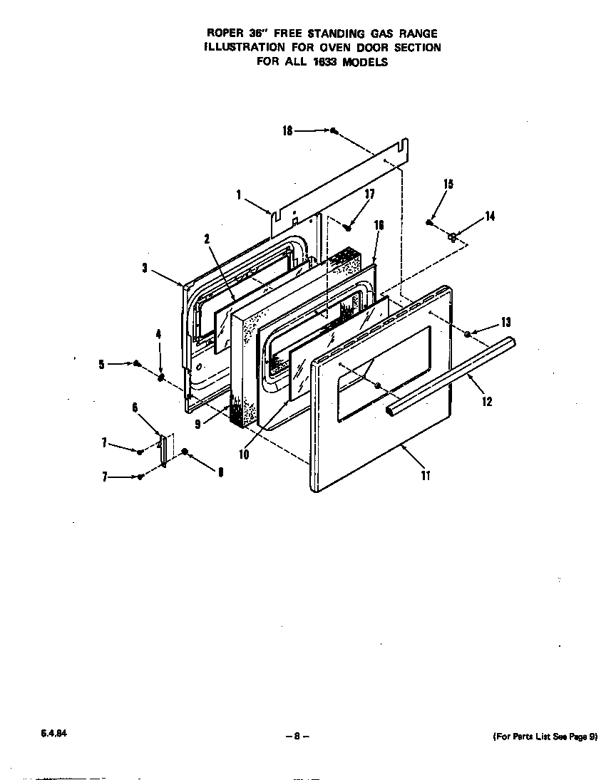 Roper 1633W2A oven door diagram