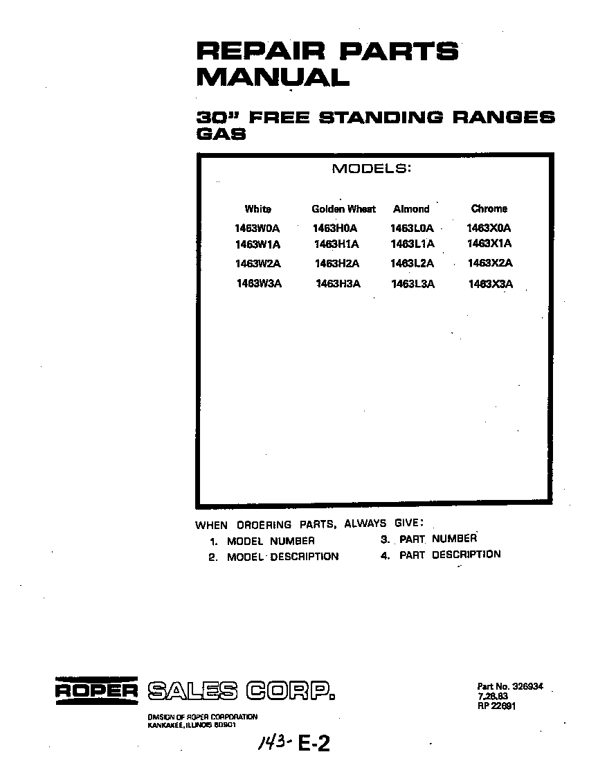 Roper 1463*3A front cover-text only diagram