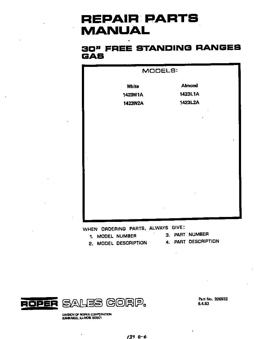 Roper 1423W1A front cover diagram