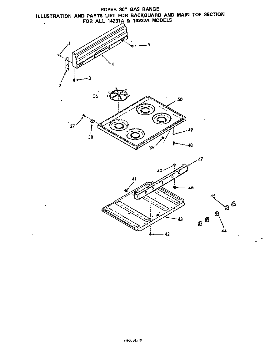 Roper 1423W1A backguard and main top diagram