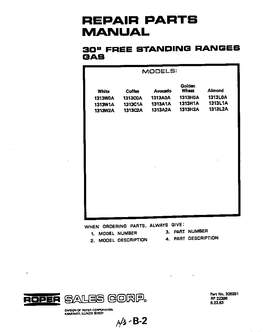 Roper 1313W0A front cover diagram