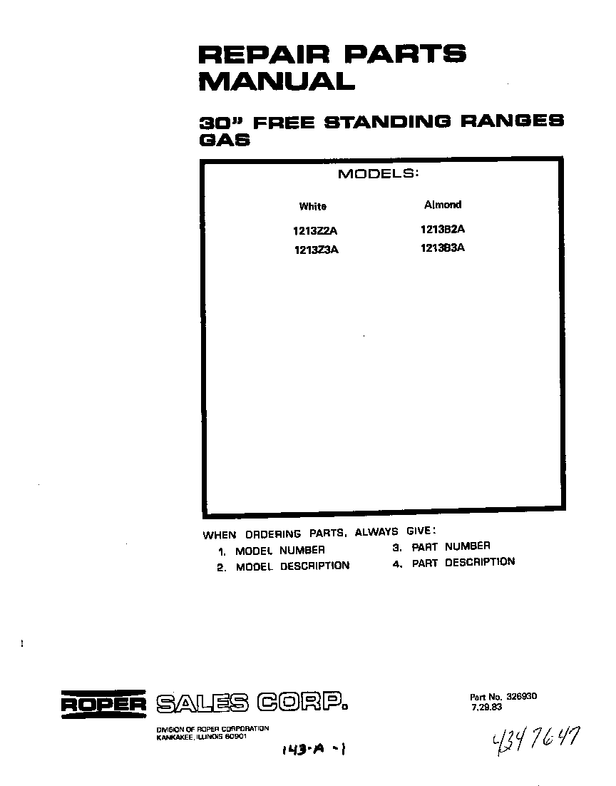 Roper 1213Z2A cover page-text only diagram