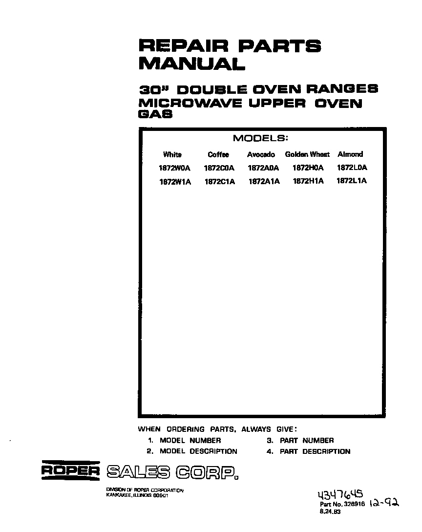 Roper 1872W0A front cover diagram