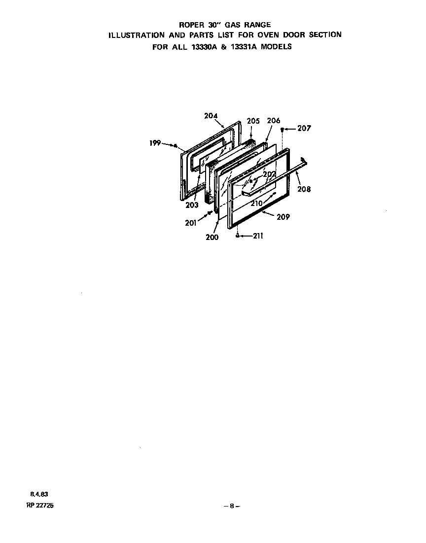Roper 1333*0A oven door diagram