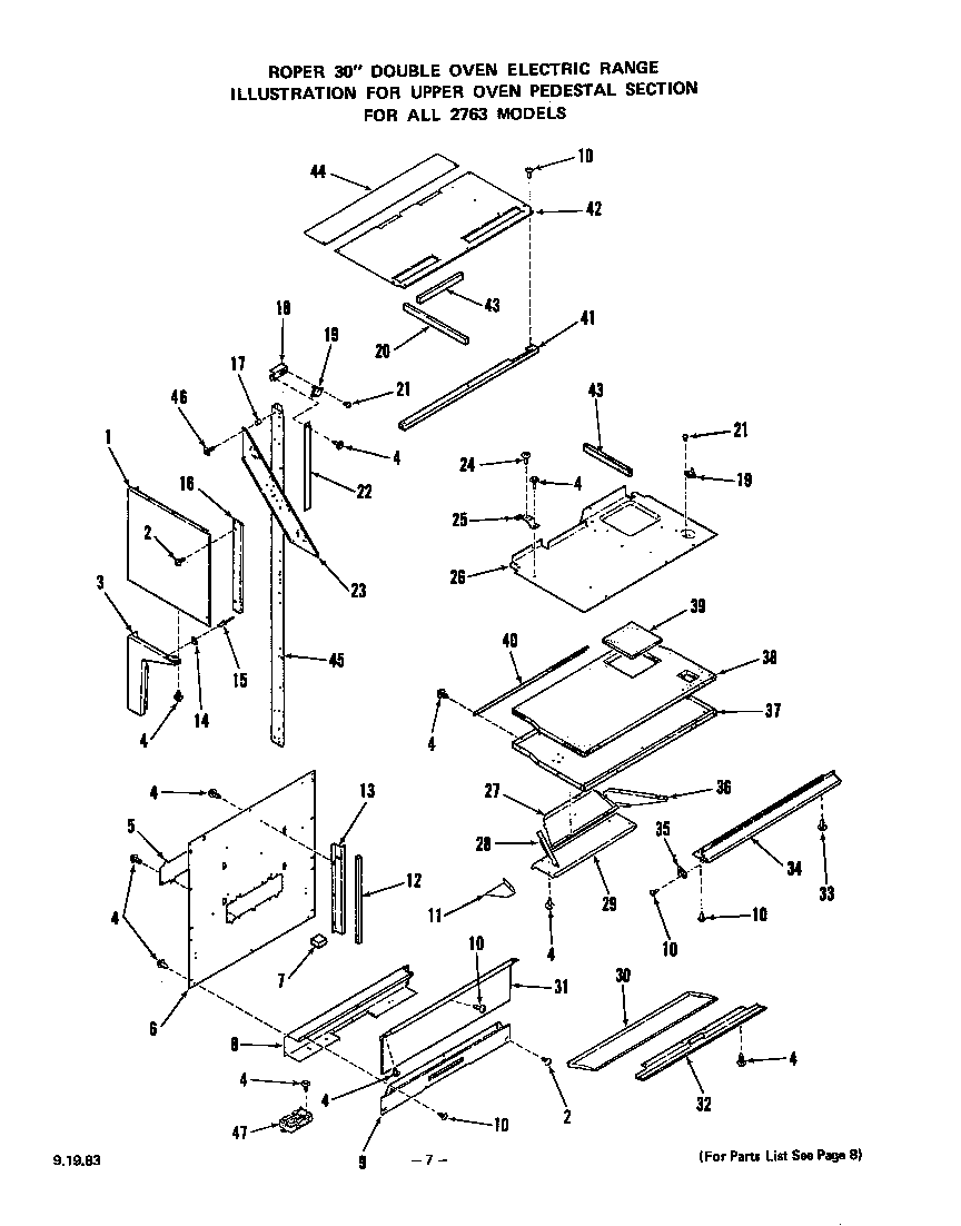 Roper 2763*0A upper oven pedestal diagram