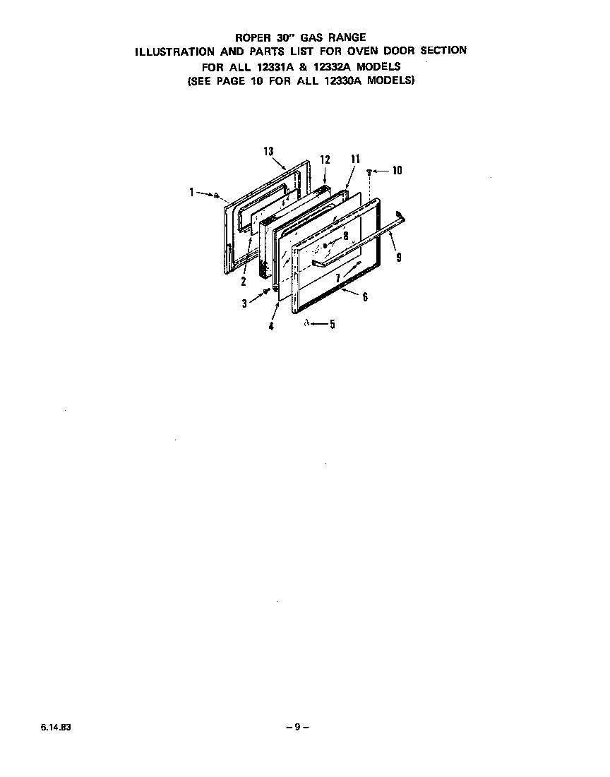 Roper 1233*2A oven door diagram
