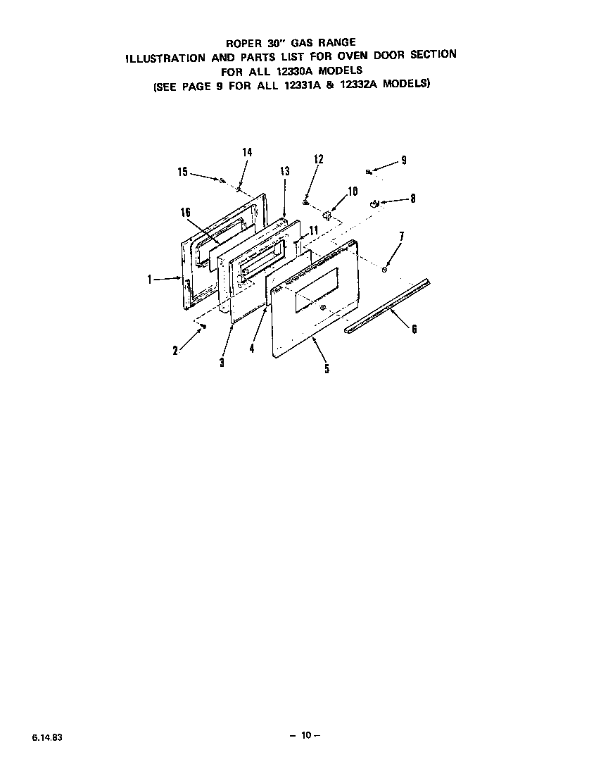 Roper 1233*2A oven door (for all 12330a models) diagram