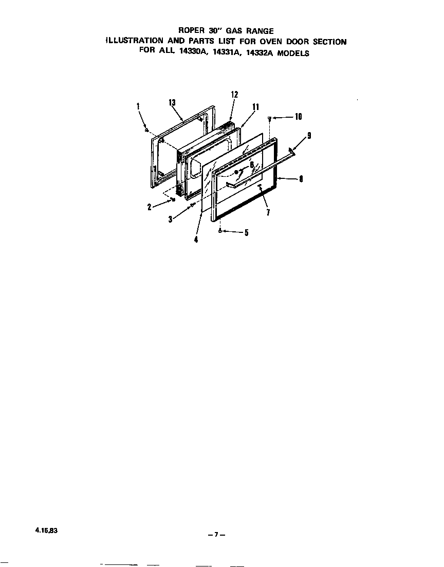 Roper 1433*2A oven door diagram
