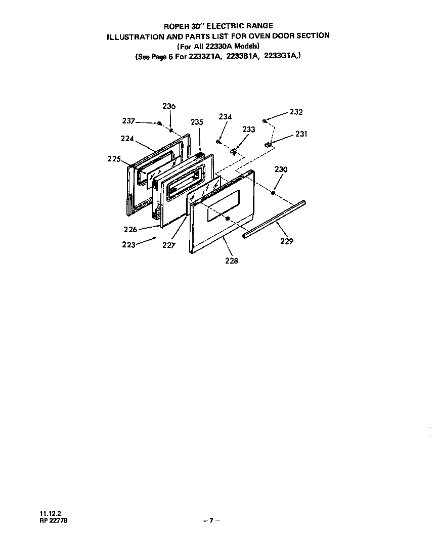 Roper 2233Z1A door for all 22330a models diagram