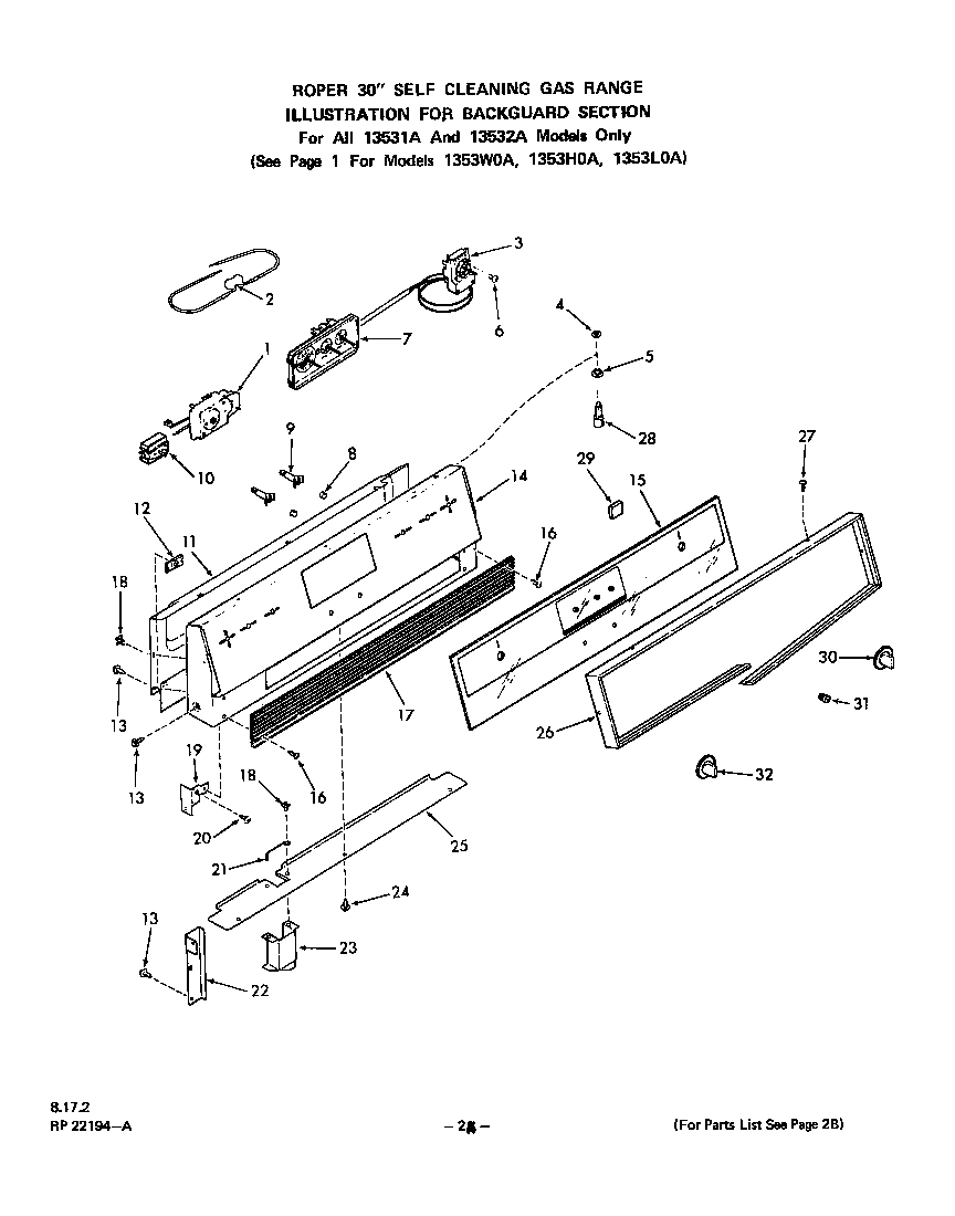 Roper 1353*0A backguard(for all 13531a, 13532a models only) diagram