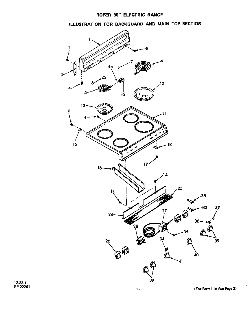 Roper 2413*0A backguard and main top diagram